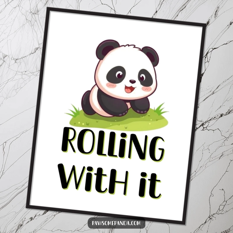 Funny kawaii panda cub hilariously rolling down a grassy hill, presented as a charming poster, adding a splash of cute humor to any wall.