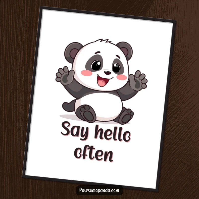 Funny Poster: A delightful illustration of a panda waving with a big, friendly smile, bringing humor and happiness, a funny gift.
