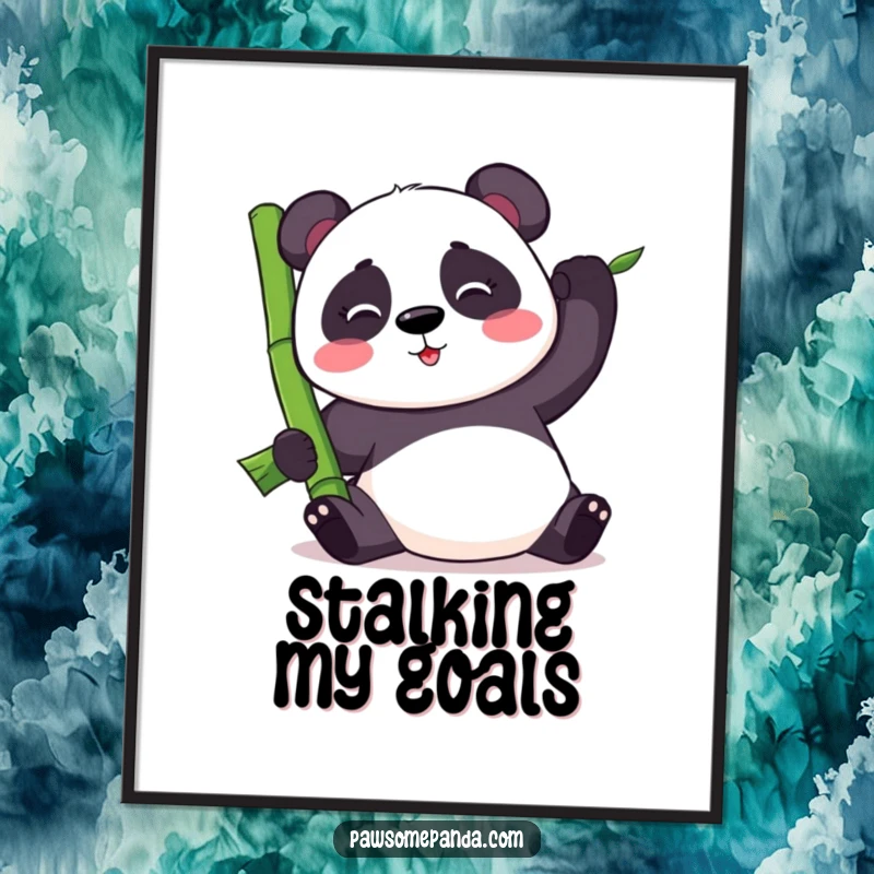 Funny kawaii panda bear trying to balance a giant bamboo stalk, presented as a humorous poster for wall decoration.