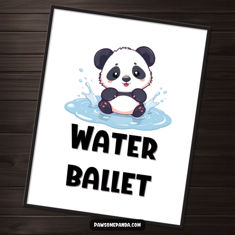 Funny kawaii panda cub playfully splashing in a small puddle, presented as a charming poster for wall decoration.