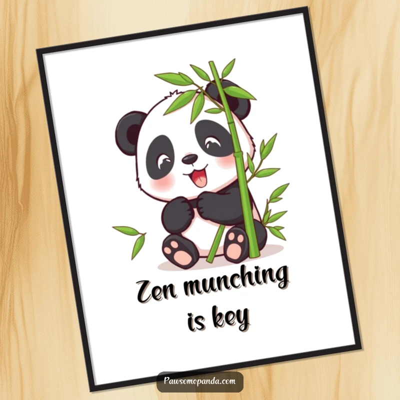 Funny poster art of a cheerful panda character peacefully eating bamboo, perfect for adding natural charm and cute vibes to walls.