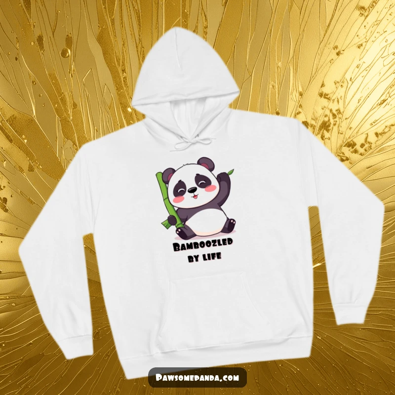 Funny kawaii panda bear attempting to balance a large bamboo stalk, featured on a cozy hoodie, symbolizing humorous perseverance.