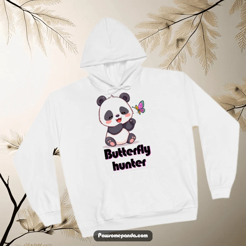 Funny hoodie showcasing a giggling panda trying to catch a butterfly, a sweet and humorous depiction of playful pursuit.