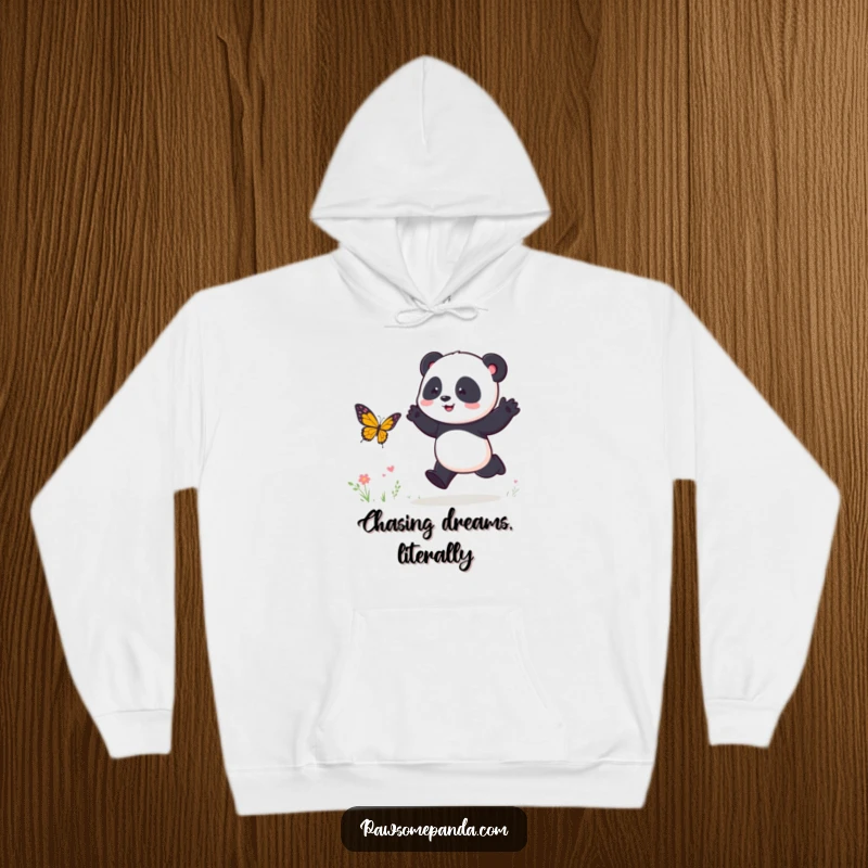 Funny Hoodie: A cuddly panda character enthusiastically chases a butterfly, showcasing playful energy and outdoor adventure.