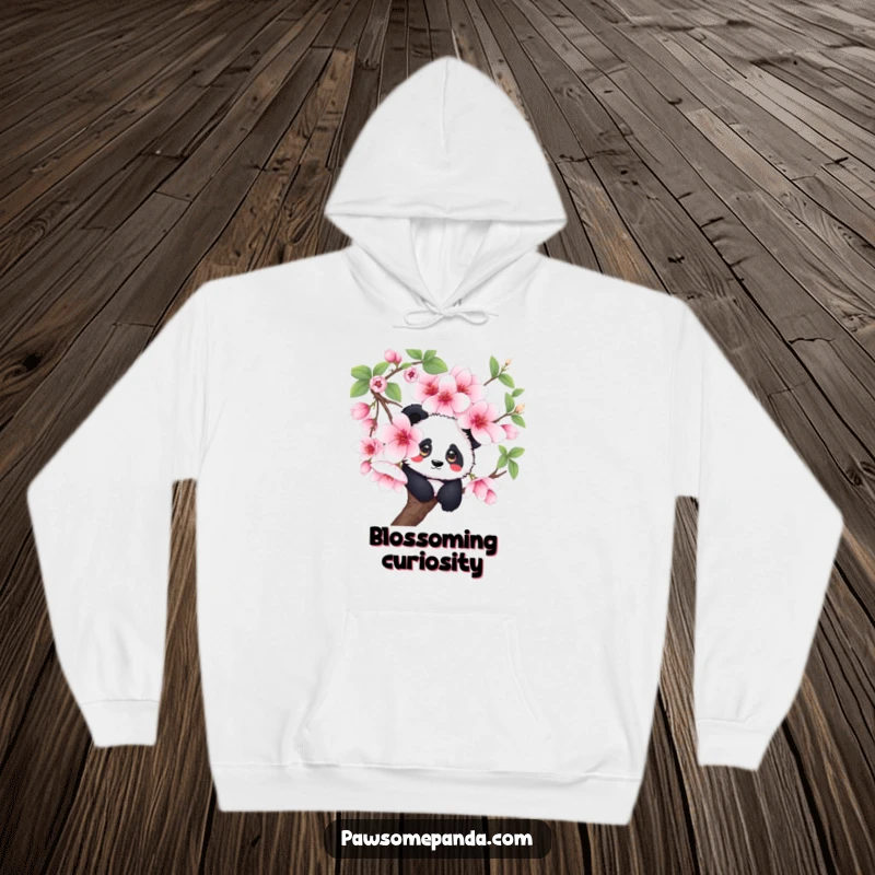 Funny curious panda hoodie, peeking behind a huge cherry blossom, soft and warm apparel, an enchanting funny gift.
