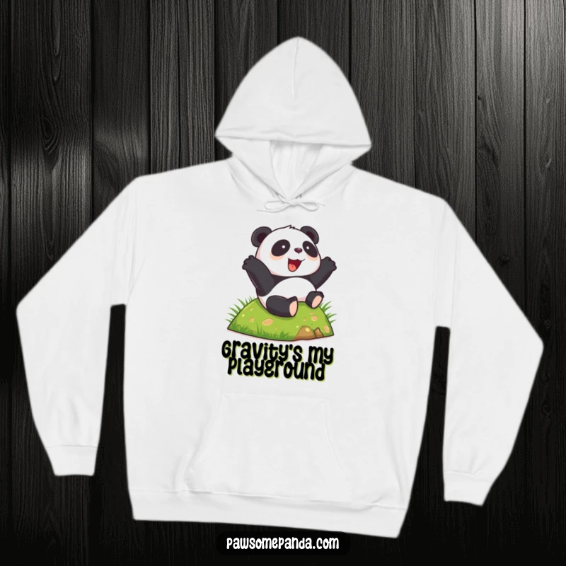 Funny happy panda hoodie, rolling down a grassy hill with joy, soft and warm apparel, a hilarious gift.