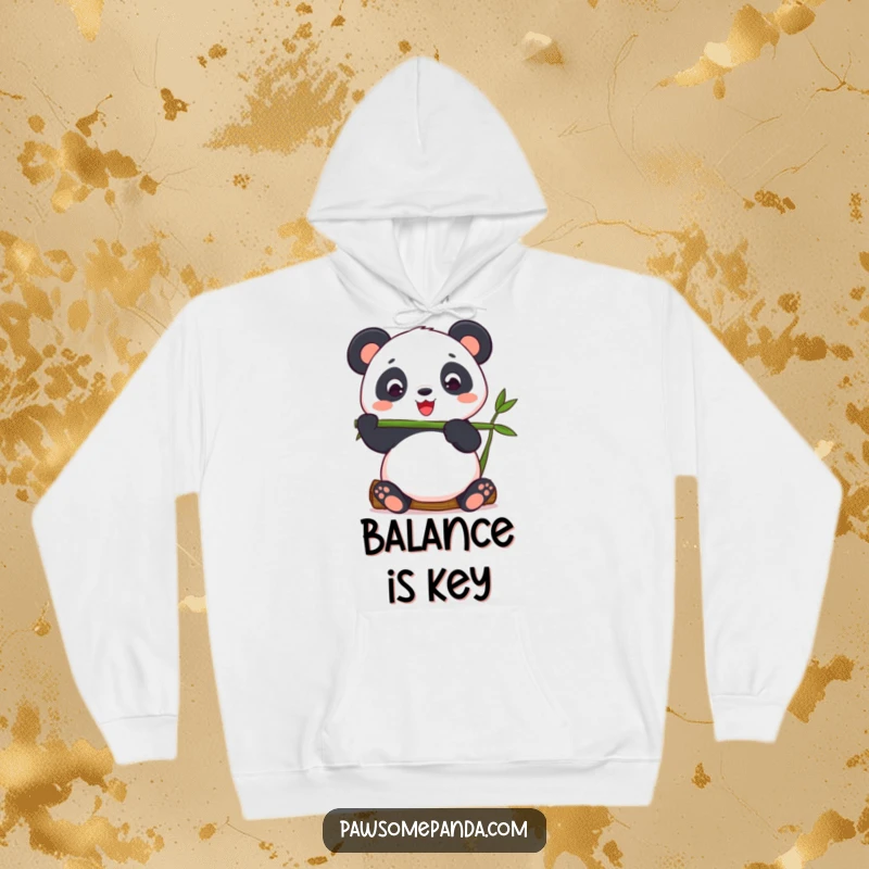 Funny panda balancing bamboo on a cozy hoodie, perfect for serene humor.
