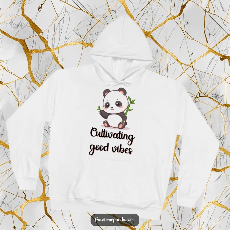 Funny Hoodie: A small panda character happily pats a tiny bamboo sprout, symbolizing care and new beginnings.