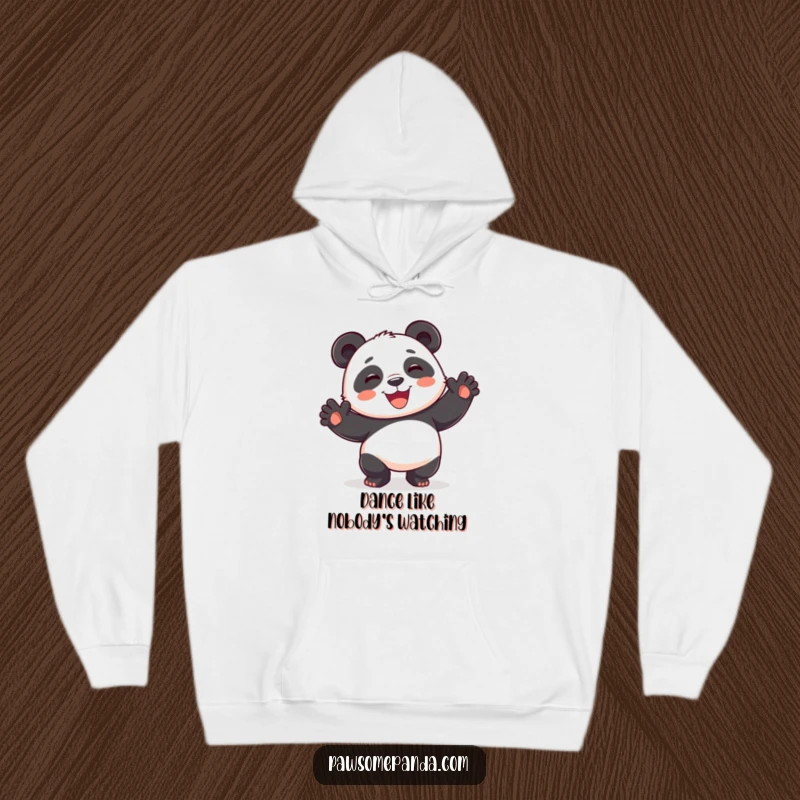 Funny playful panda hoodie, dancing silly, paws in the air, wide smile, super soft and comfy, a hilarious gift.