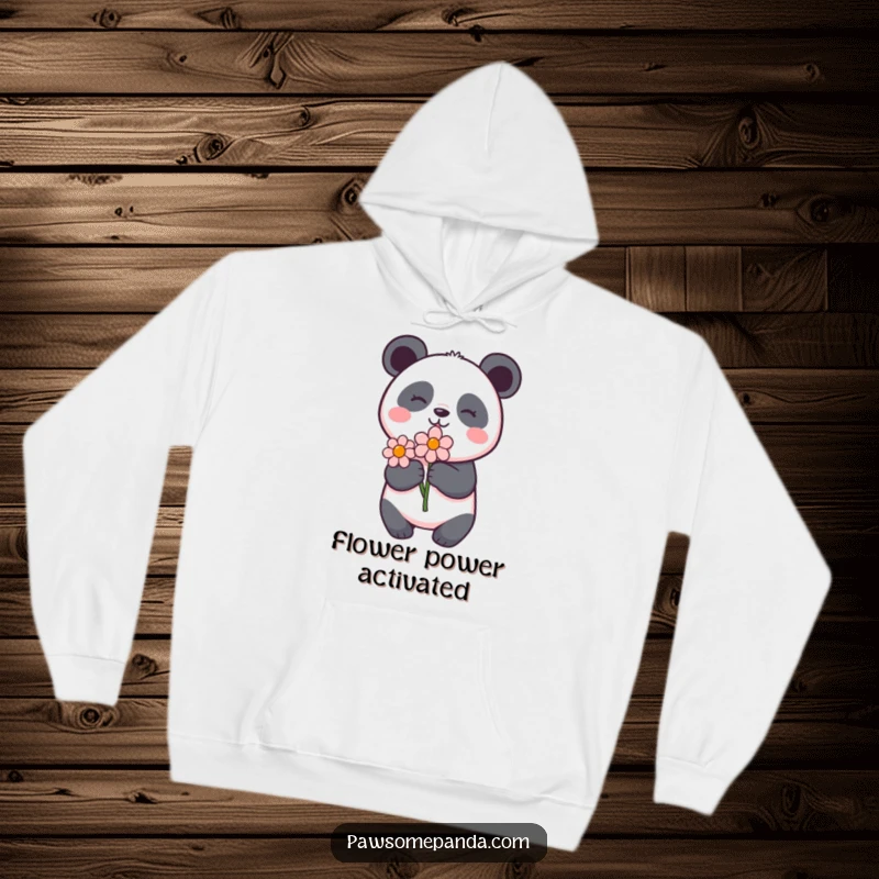 Funny panda hoodie featuring a delighted panda character holding a flower, offering warmth and a dose of cute cheer.
