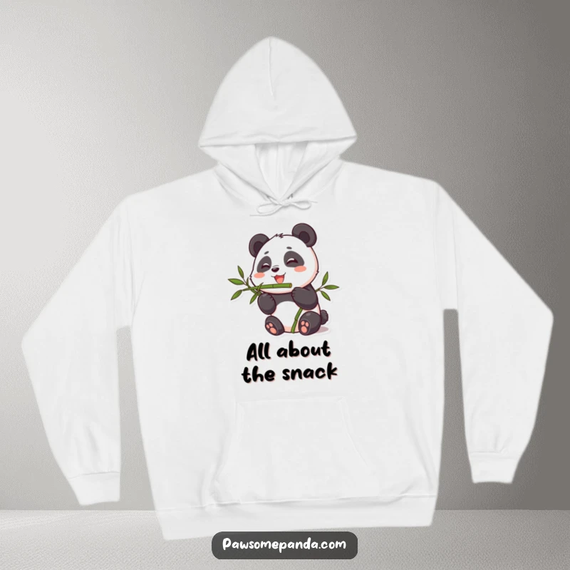 Funny hoodie graphic of a cute panda character enjoying a hearty meal of bamboo, radiating warmth and playful charm.