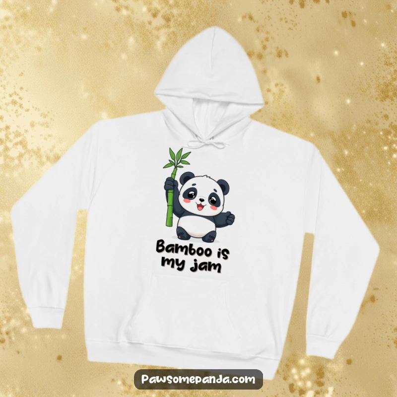 Funny hoodie featuring a jubilant panda character triumphantly presenting a single bamboo shoot, perfect for cozy, humorous relaxation.