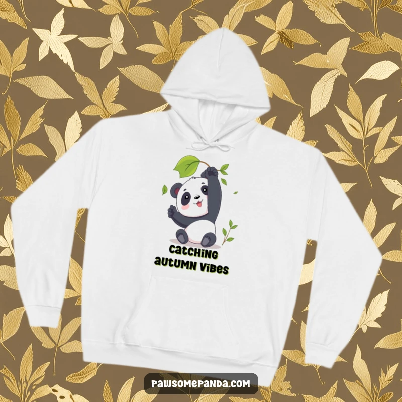 Funny Panda Hoodie featuring a character reaching for a falling leaf, offering warmth and a touch of serene humor.