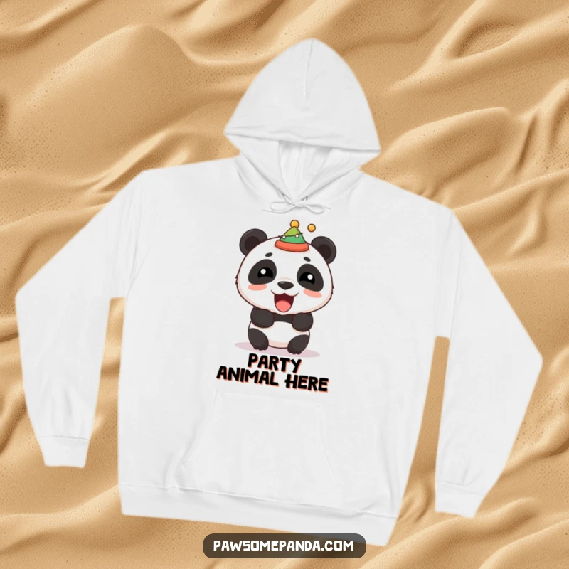 Funny hoodie featuring a stocky panda roaring with a small festive hat, radiating playful energy and celebration.