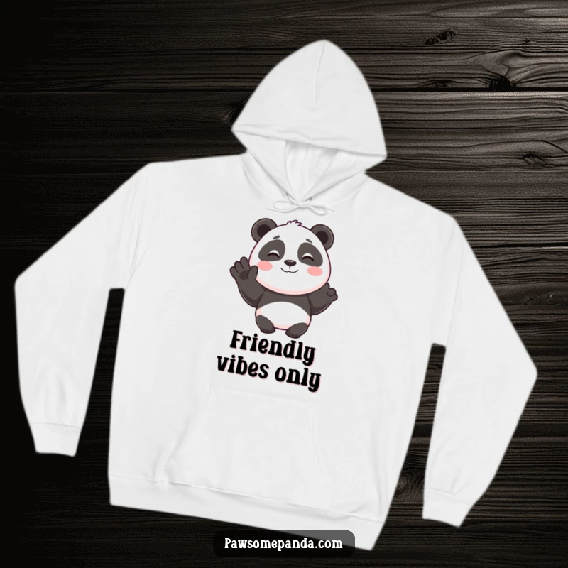 Funny hoodie graphic of a smiling panda character giving a cheerful wave, radiating warmth and friendly greetings.