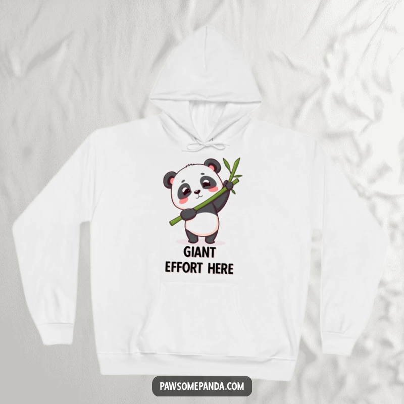 Funny panda hoodie depicting a panda character with utmost determination, balancing a substantial bamboo stalk with incredible focus.