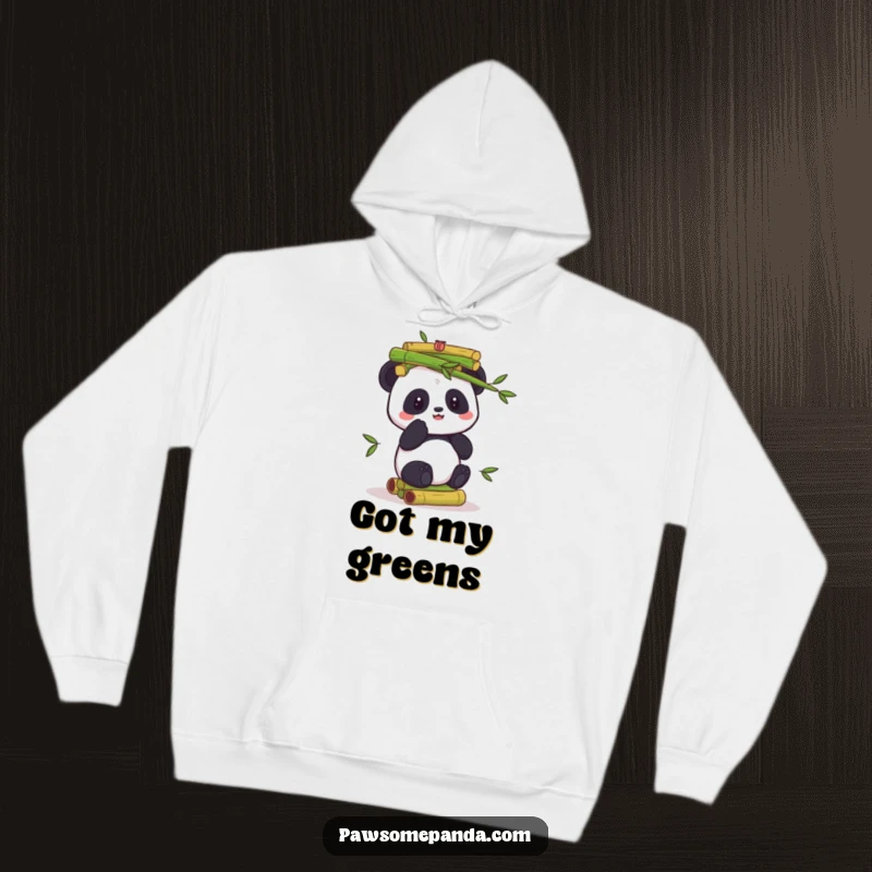 Funny hoodie design of a panda character precariously balancing a towering stack of bamboo shoots, ready for adventure or a nap.
