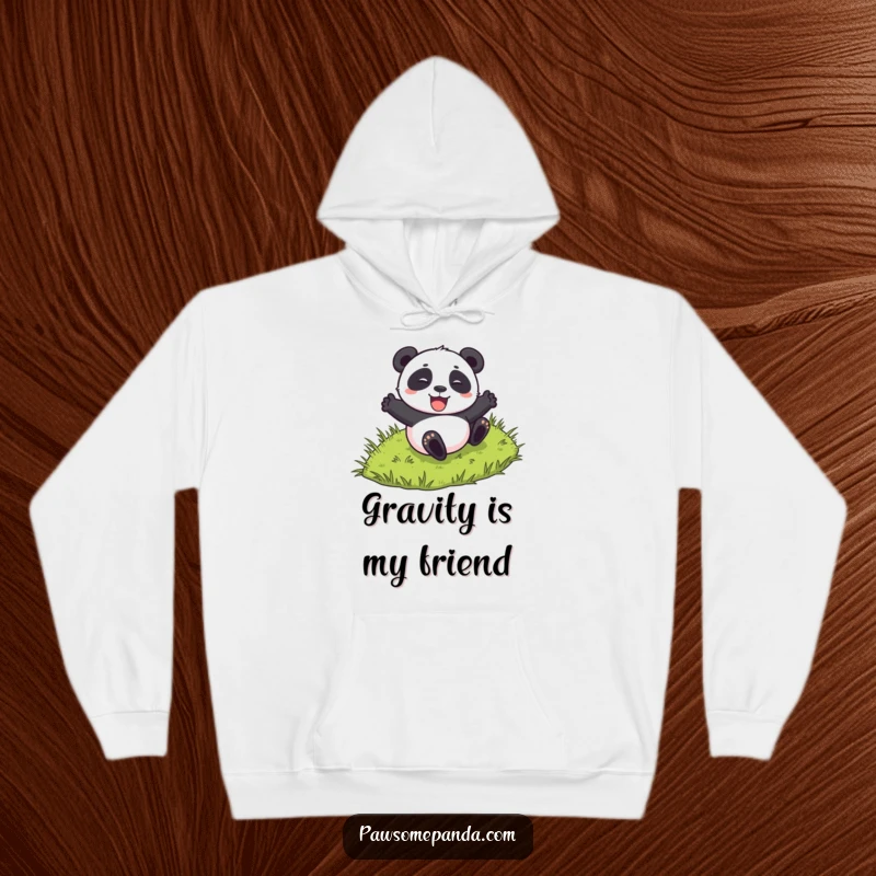 Funny hoodie featuring a panda character excitedly rolling down a grassy hill, perfect for cozy, adventurous wear.