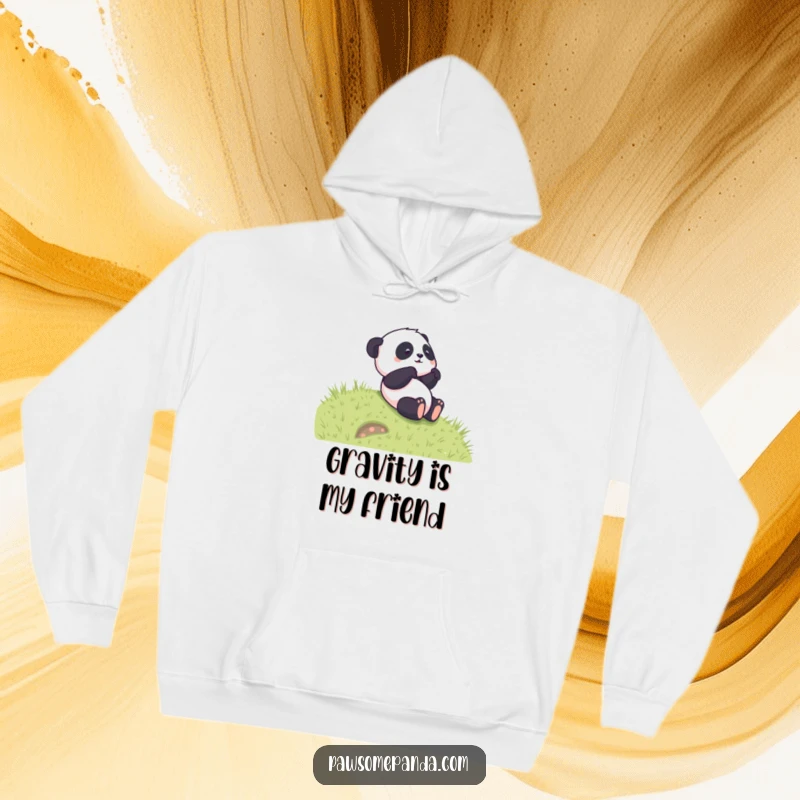 Funny hoodie featuring a cute panda rolling down a grassy hill, radiating happiness and a playful, energetic vibe.