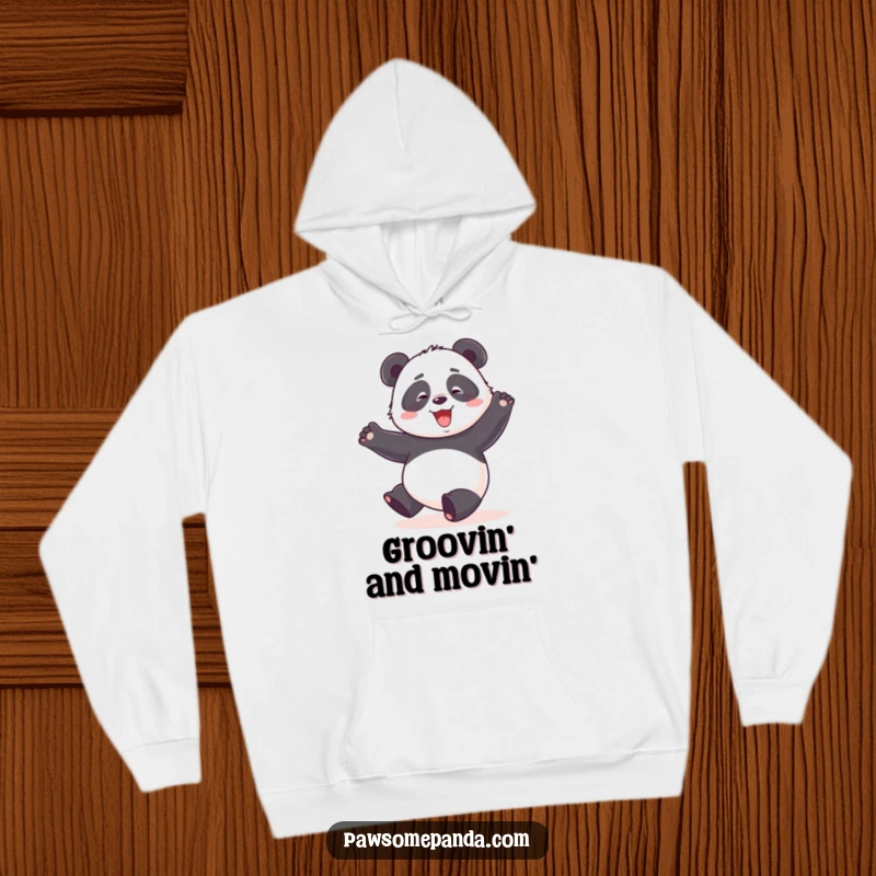 Funny cozy hoodie featuring a panda character doing a happy, clumsy dance with arms in the air for ultimate fun.