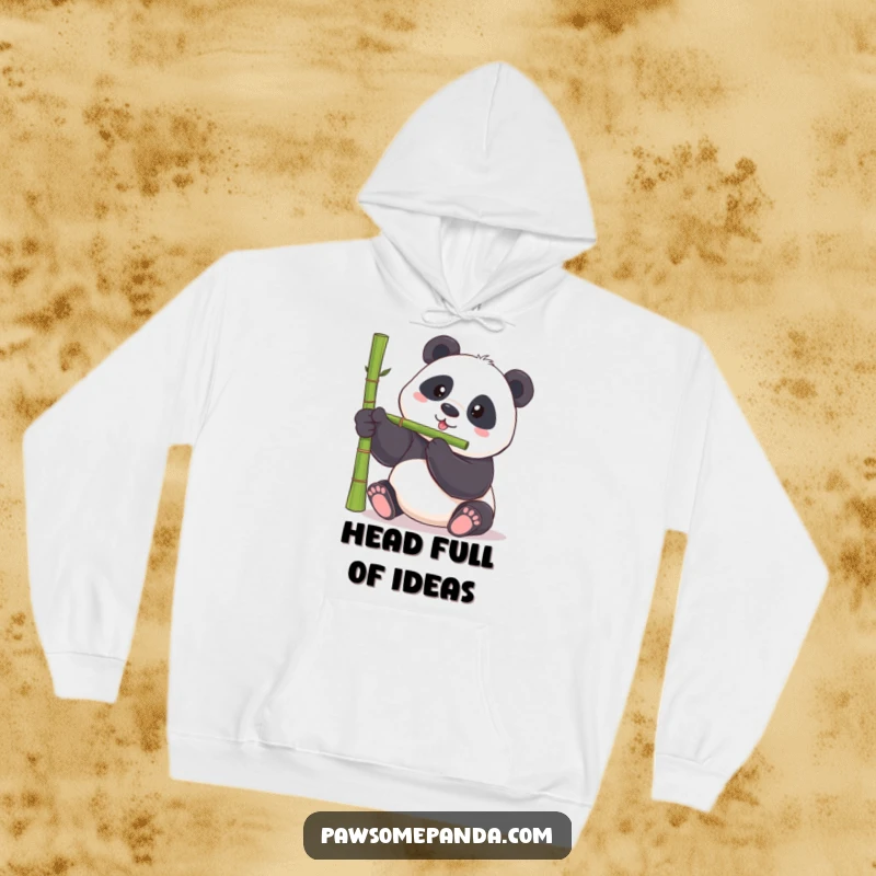 Funny panda hoodie depicting a chubby panda bear struggling to balance a bamboo shoot on its nose, great for laughs.