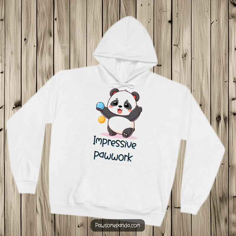 Funny chubby panda hoodie, surprised face, juggling colorful balls, super soft and comfy apparel, a hilarious gift.