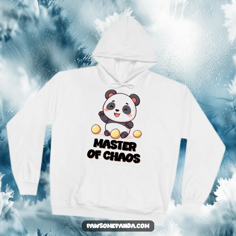 Funny panda hoodie depicting a round, grinning panda character struggling humorously to juggle three shiny pebbles, perfect for cozy, lighthearted wear.