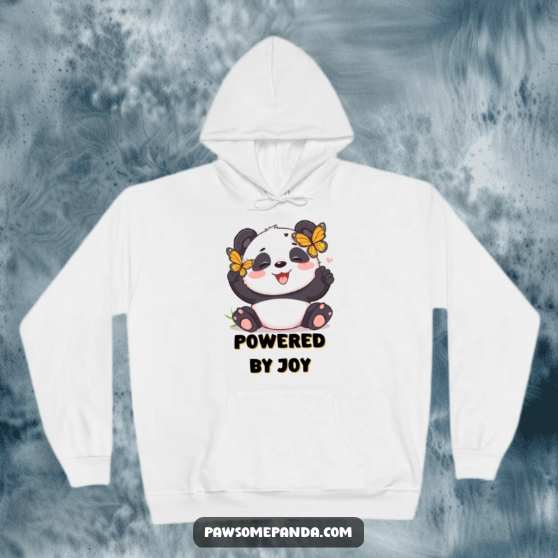 Funny panda hoodie featuring a panda bear giggling joyfully as a butterfly tickles it, a warm and humorous design.