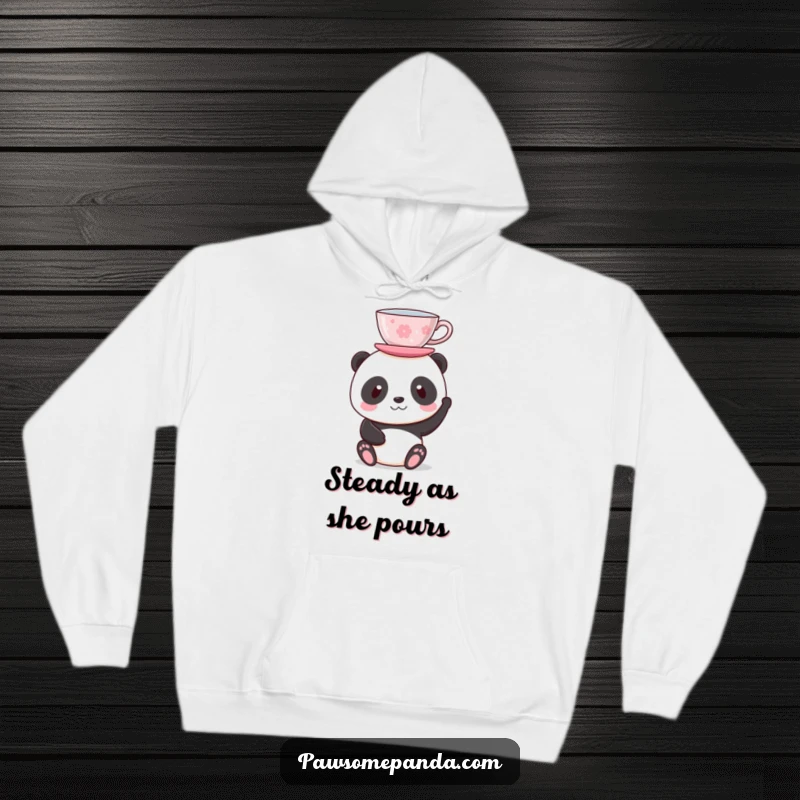Funny hoodie featuring a panda balancing a teacup on its head, exuding a calm, humorous, and slightly sophisticated vibe.