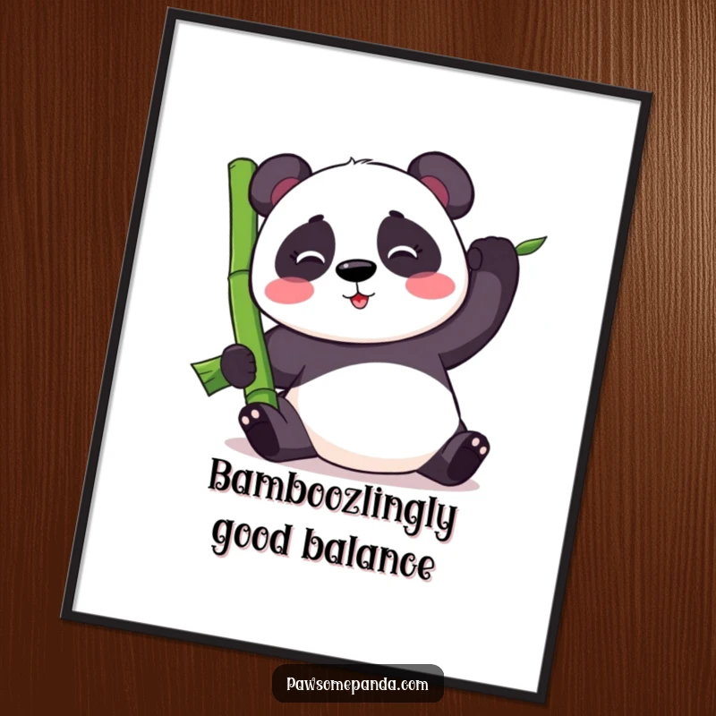 Funny Free Printable Wall Art: Kawaii panda bear hilariously trying to balance a giant bamboo stalk, looking determined.