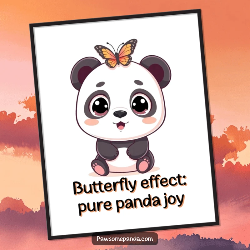 Funny Free Printable Wall Art: A panda's eyes are comically wide with surprise as a butterfly flutters nearby, creating a funny scene.