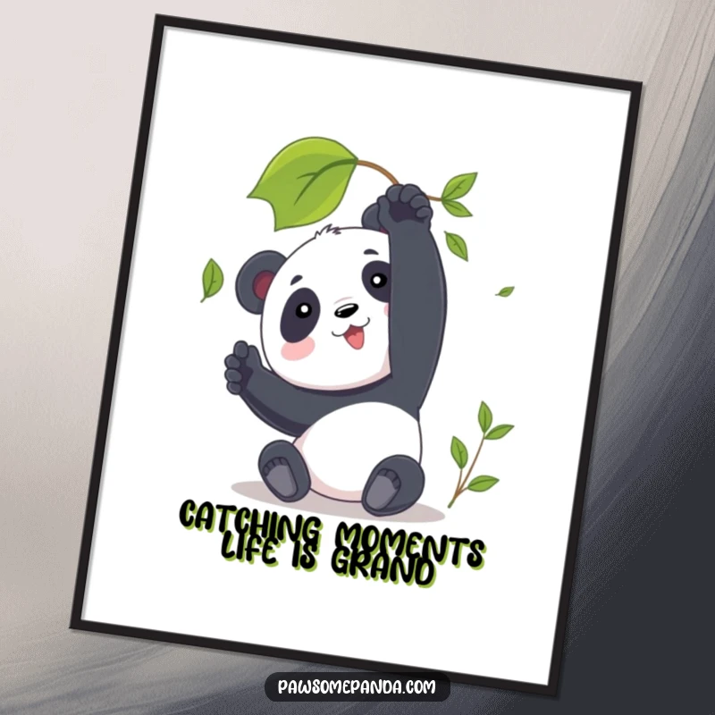 Funny Free Printable Wall Art depicting a peaceful panda reaching out to catch a falling leaf.