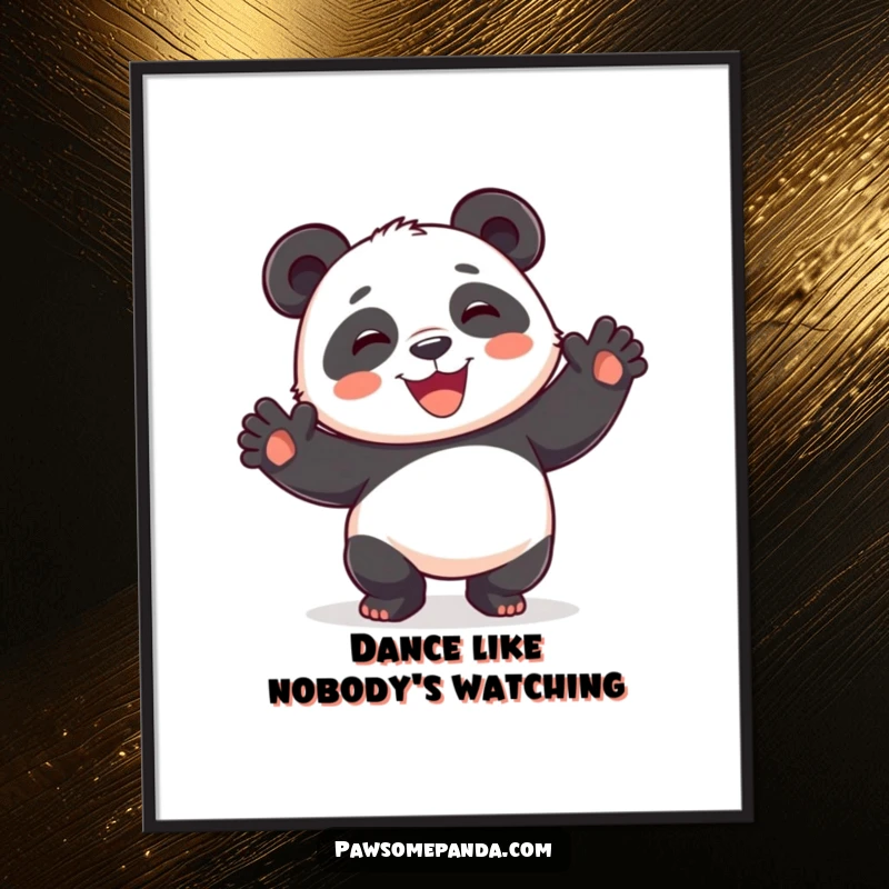 Funny free printable wall art: a silly panda with a wide smile is joyfully dancing with its paws raised high in the air.