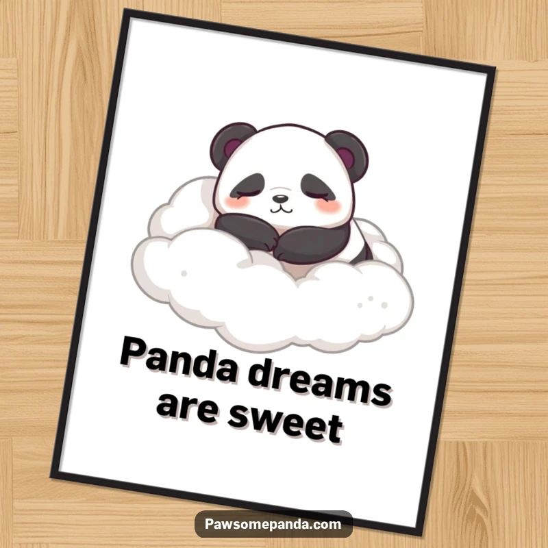 Funny Free Printable Wall Art of a sleepy panda contentedly rolling in a dreamy patch of fluffy clouds.