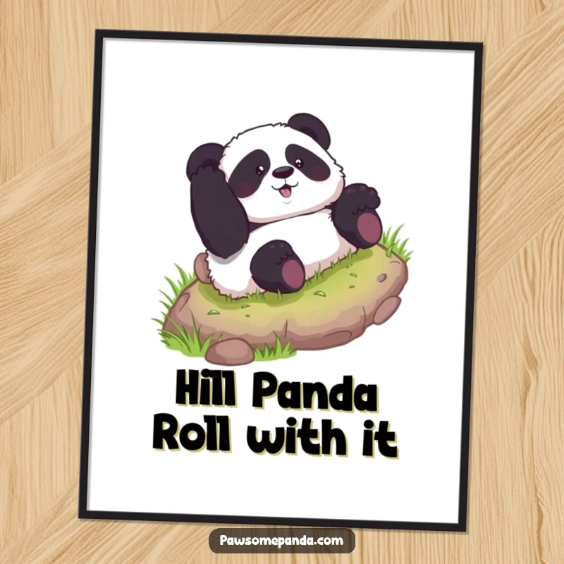 Funny Free Printable Wall Art: Curious panda joyfully rolling down a grassy hill, a hilarious downloadable art print. Perfect for panda lovers.