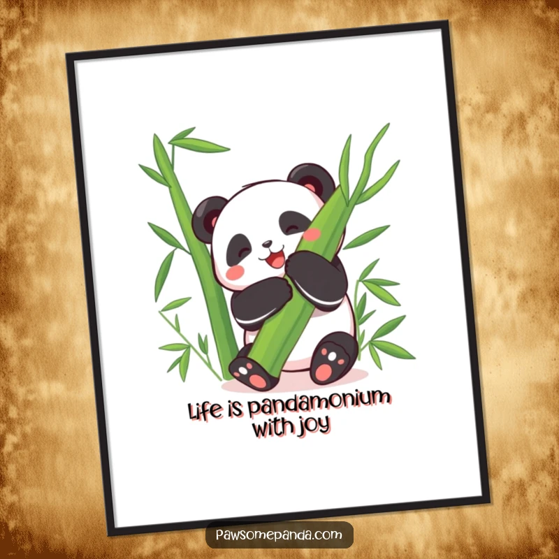 Funny Free Printable Wall Art: Happy panda character hugging a giant bamboo leaf with delight, a joyful and cute decorative piece.
