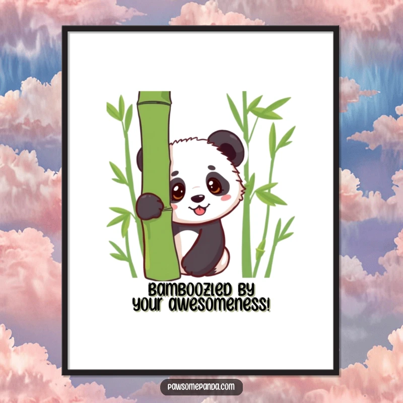 Funny free printable wall art of a kawaii panda cub peeking curiously and shyly from behind a lush bamboo shoot.