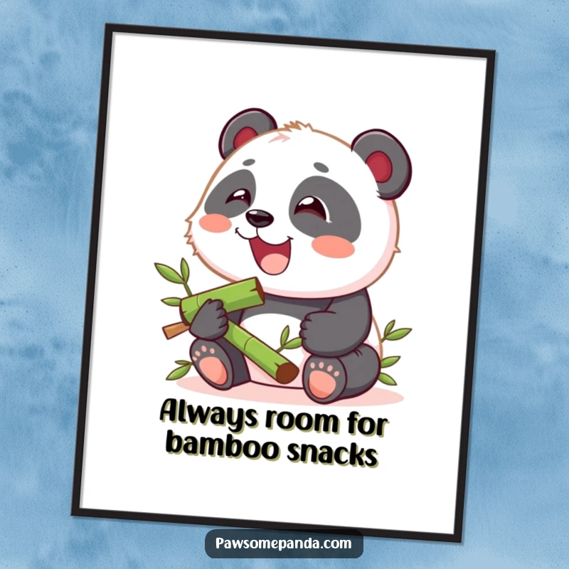 Funny free printable wall art of a kawaii panda cub gleefully munching on a delicious bamboo snack with pure joy.