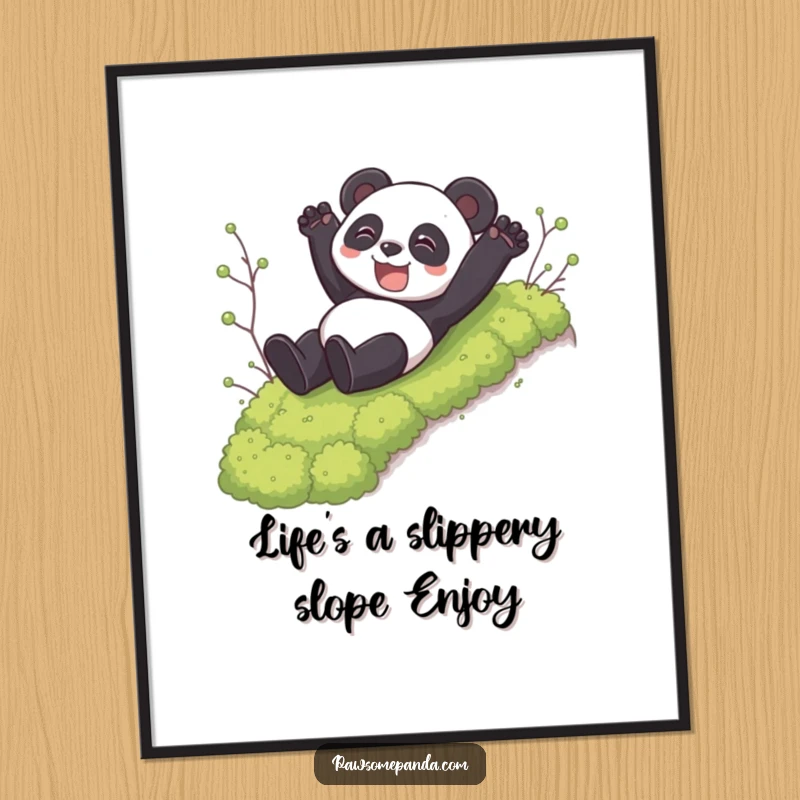 Funny Free Printable Wall Art: A panda with a huge grin slides down a mossy incline, spreading pure joy.