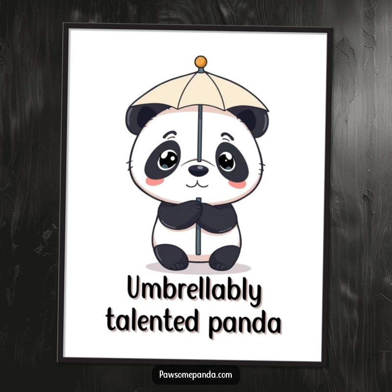 Funny Free Printable Wall Art: A little panda with a determined look balancing a tiny umbrella on its nose.