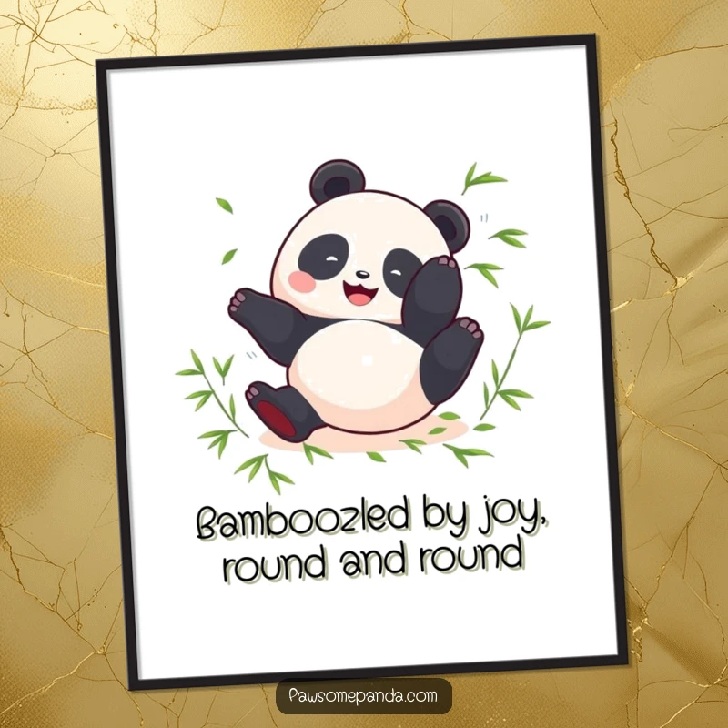 Funny Free Printable Wall Art: A round panda character joyfully performs a somersault, with bamboo leaves scattered around.
