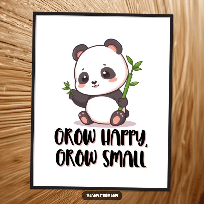 Funny Free Printable Wall Art: Happy small panda gently patting a tiny bamboo sprout, symbolizing growth and whimsical joy.