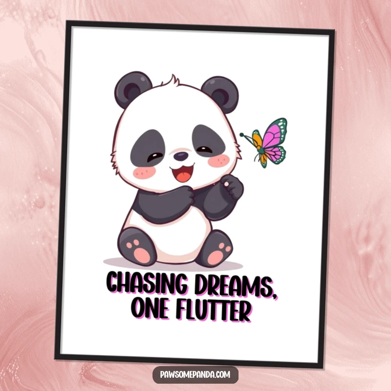 Funny Free Printable Wall Art: Giggling panda playfully pursues a fluttering butterfly, creating a humorous and charming wall decoration.