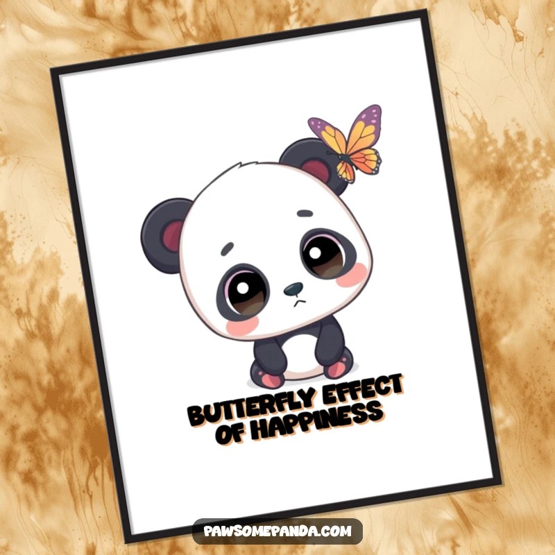 Funny Free Printable Wall Art: A panda with wide, innocent eyes stares in fascination at a colorful butterfly.