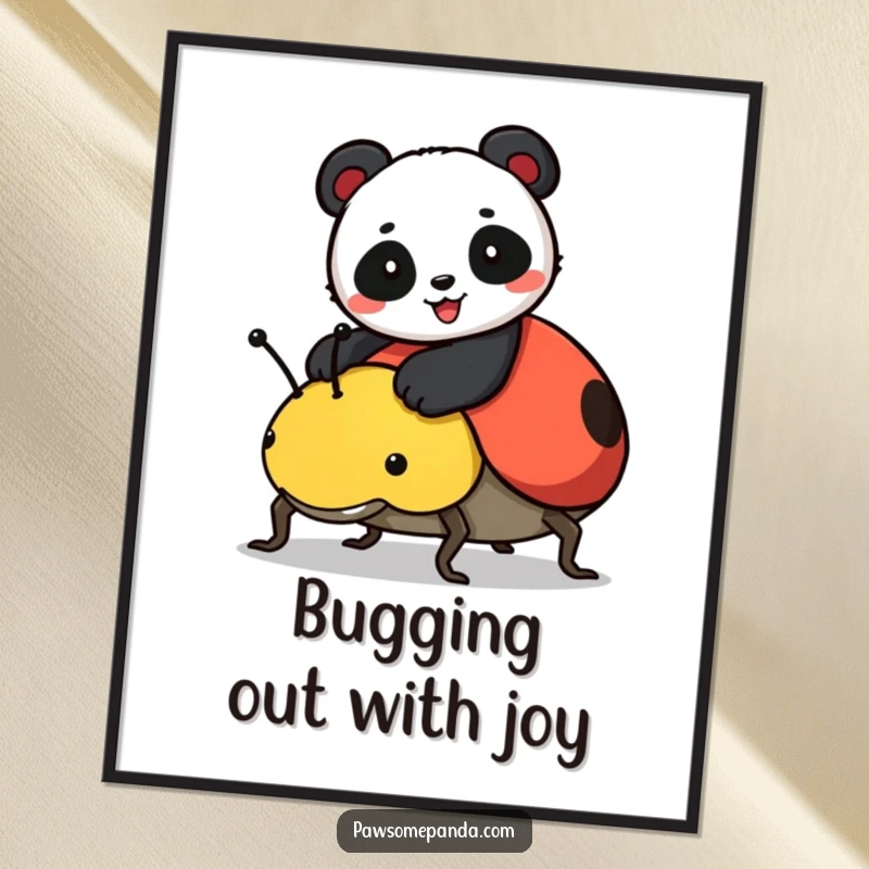 Funny Free Printable Wall Art: A happy panda rides a huge ladybug, creating a whimsical and funny scene for your wall.
