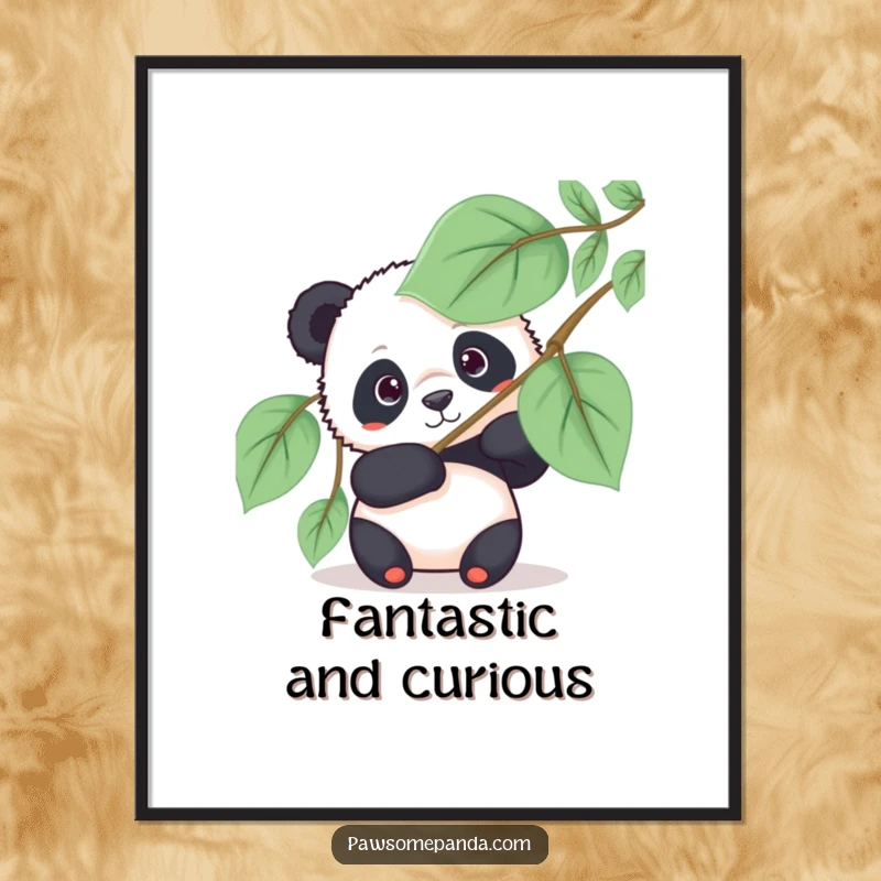 Funny Free Printable Wall Art: A cute panda bear with an inquisitive gaze, peeking out from behind a large, tropical-looking green leafy fan.