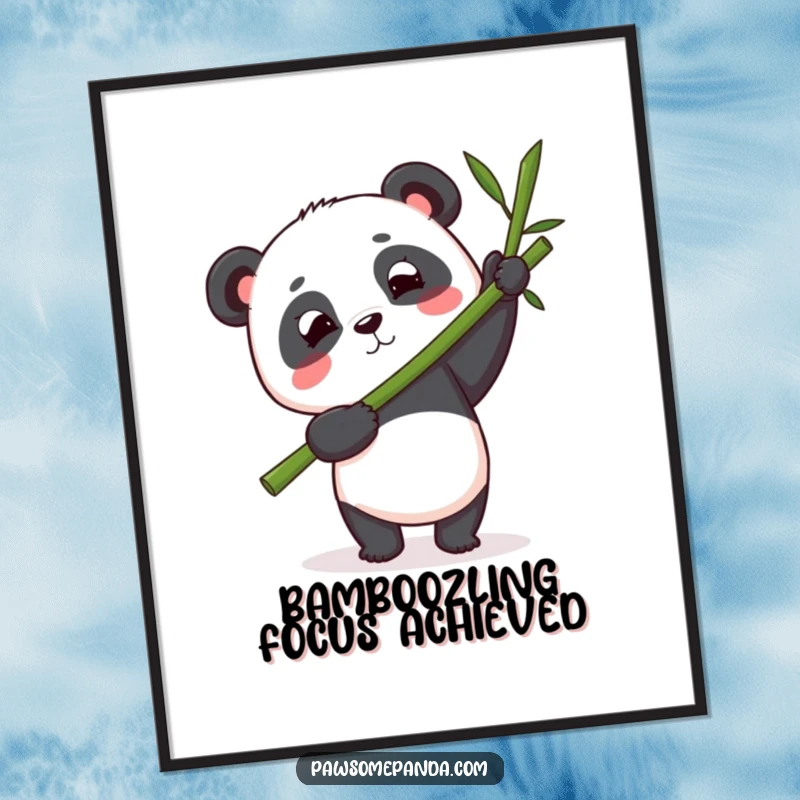 Funny Free Printable Wall Art: a panda character determinedly balancing a massive bamboo stalk with impressive focus.