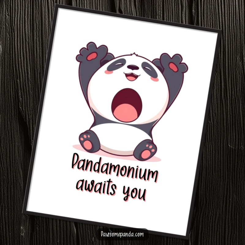 Funny free printable wall art, a kawaii panda bear stretching with a big yawn and a gentle smile, embodying relaxation.