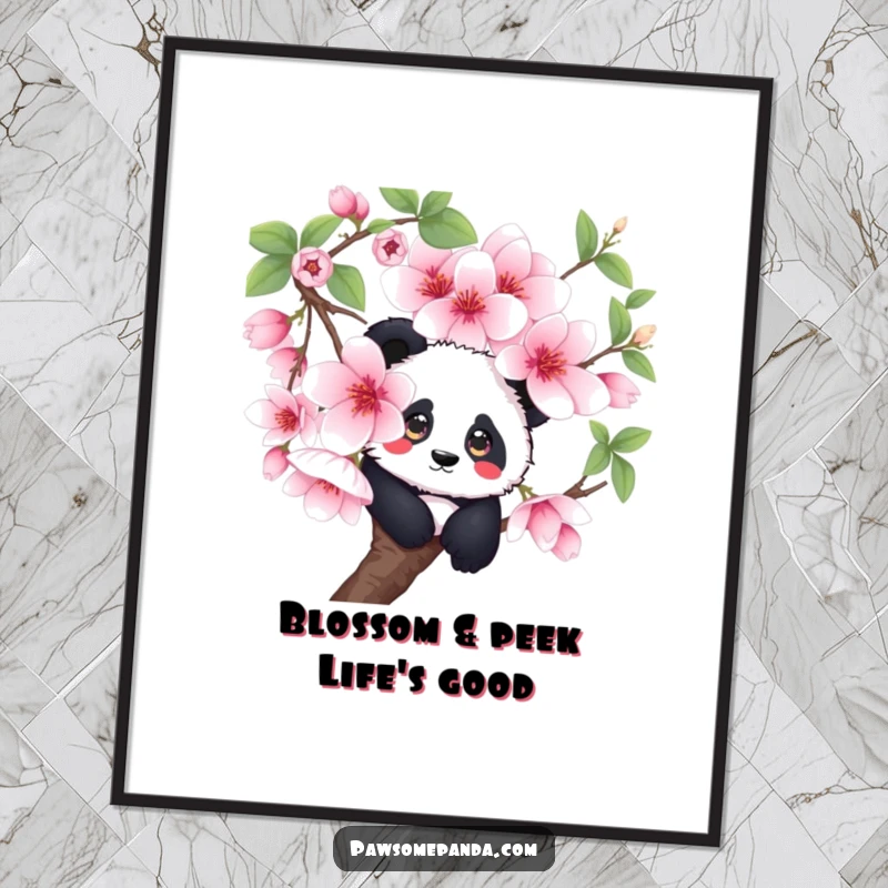 Funny free printable wall art: a curious panda peeking shyly from behind a huge, vibrant cherry blossom, cute and funny decor.