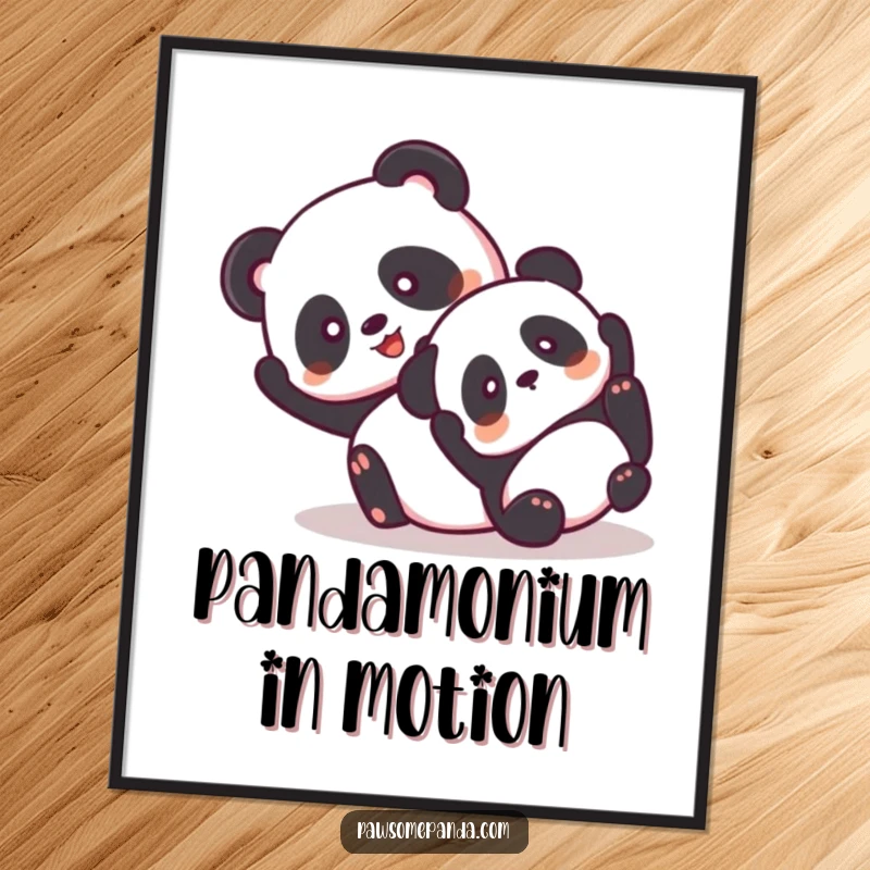 Funny Free Printable Wall Art: Two happy, giddy pandas tumbling playfully with big smiles. Energetic and joyful downloadable decor.
